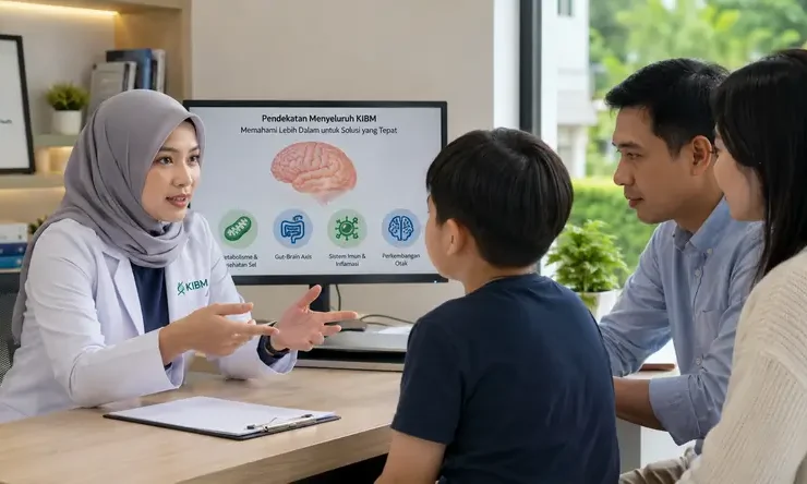 Dokter KIBM berhijab memberikan konsultasi kepada orang tua dan anak mengenai autisme melalui pendekatan Brain & Neurodevelopment Assessment yang mempertimbangkan faktor genetik, metabolisme, kesehatan usus, sistem imun, dan perkembangan otak.