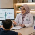 Dokter KIBM berhijab memberikan konsultasi kepada orang tua mengenai prognosa autis menggunakan pendekatan Brain & Neurodevelopment Assessment sebagai bagian dari KIBM Biological Assessment Framework.