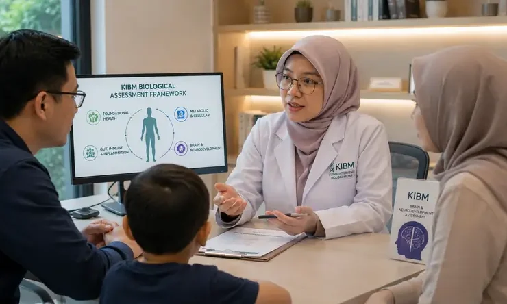 Dokter KIBM berhijab memberikan konsultasi kepada orang tua mengenai prognosa autis menggunakan pendekatan Brain & Neurodevelopment Assessment sebagai bagian dari KIBM Biological Assessment Framework.