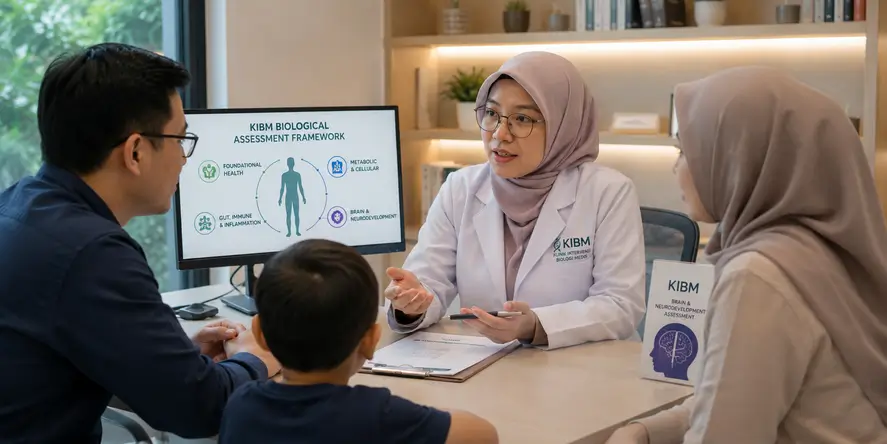 Dokter KIBM berhijab memberikan konsultasi kepada orang tua mengenai prognosa autis menggunakan pendekatan Brain & Neurodevelopment Assessment sebagai bagian dari KIBM Biological Assessment Framework.