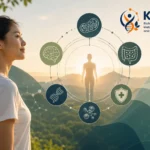 Ilustrasi Biohacking Center Indonesia yang menggambarkan pendekatan biologis KIBM melalui metabolisme, kesehatan sel, sistem imun, kesehatan usus, dan healthy longevity.