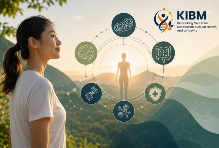Ilustrasi Biohacking Center Indonesia yang menggambarkan pendekatan biologis KIBM melalui metabolisme, kesehatan sel, sistem imun, kesehatan usus, dan healthy longevity.