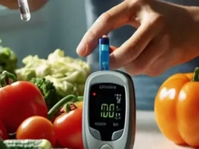 Alat cek gula darah dikelilingi buah buahan dan sayuran segar  simbol pola makan sehat untuk penderita diabetes