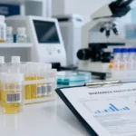 Peralatan laboratorium dengan sampel biomarker berupa darah dan urin sebagai bagian dari KIBM Biological Assessment untuk mengevaluasi metabolisme, kesehatan sel, sistem imun, dan kondisi biologis tubuh.