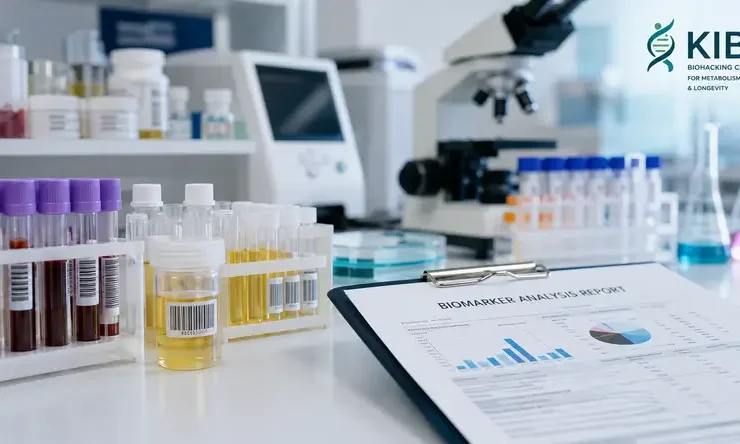 Peralatan laboratorium dengan sampel biomarker berupa darah dan urin sebagai bagian dari KIBM Biological Assessment untuk mengevaluasi metabolisme, kesehatan sel, sistem imun, dan kondisi biologis tubuh.