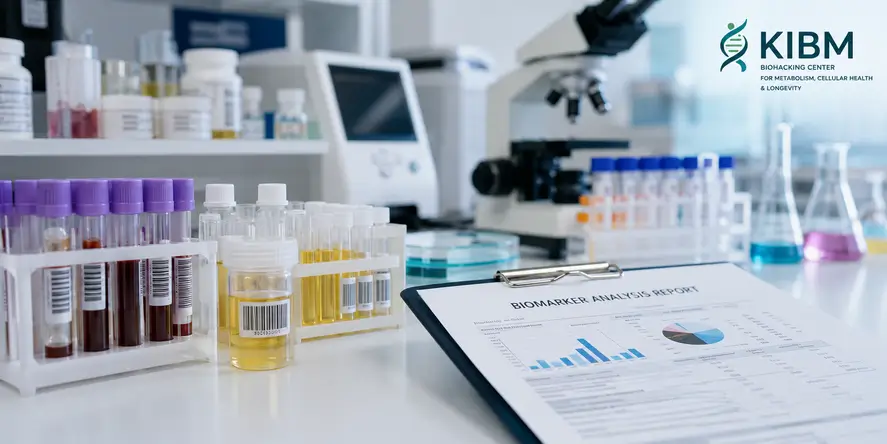 Peralatan laboratorium dengan sampel biomarker berupa darah dan urin sebagai bagian dari KIBM Biological Assessment untuk mengevaluasi metabolisme, kesehatan sel, sistem imun, dan kondisi biologis tubuh.