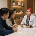 Dokter KIBM berkonsultasi dengan pasangan pasien Indonesia menggunakan hasil assessment sebagai dasar penyusunan intervensi kesehatan yang dipersonalisasi.
