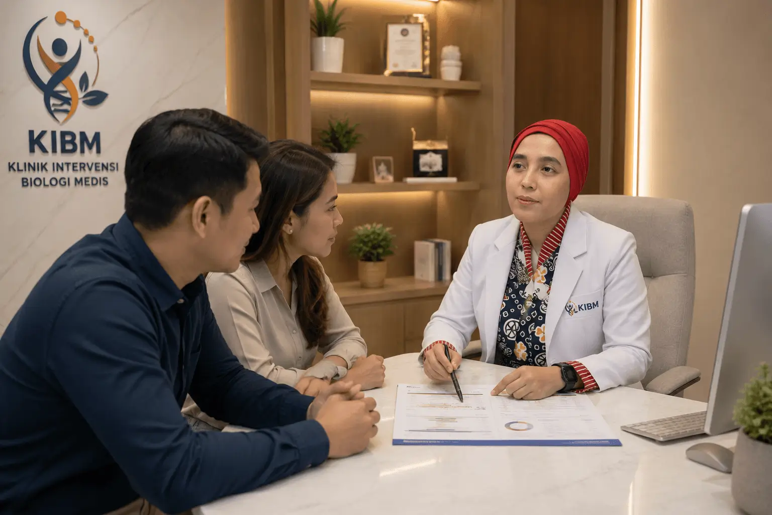 Dokter KIBM berkonsultasi dengan pasangan pasien Indonesia menggunakan hasil assessment sebagai dasar penyusunan intervensi kesehatan yang dipersonalisasi.