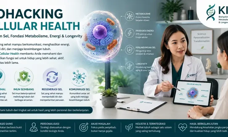 Dokter KIBM menjelaskan Biohacking Cellular Health kepada pasien menggunakan visualisasi sel dan mitokondria untuk memahami hubungan kesehatan sel, metabolisme, produksi energi, dan longevity.