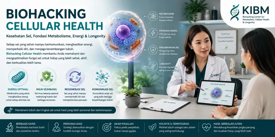 Dokter KIBM menjelaskan Biohacking Cellular Health kepada pasien menggunakan visualisasi sel dan mitokondria untuk memahami hubungan kesehatan sel, metabolisme, produksi energi, dan longevity.