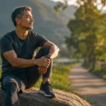 Pria paruh baya menikmati suasana alam sambil menunjukkan kondisi fisik yang bugar sebagai ilustrasi Biohacking Longevity untuk menjaga kesehatan, vitalitas, dan kualitas hidup seiring bertambahnya usia.