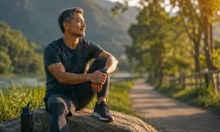 Pria paruh baya menikmati suasana alam sambil menunjukkan kondisi fisik yang bugar sebagai ilustrasi Biohacking Longevity untuk menjaga kesehatan, vitalitas, dan kualitas hidup seiring bertambahnya usia.