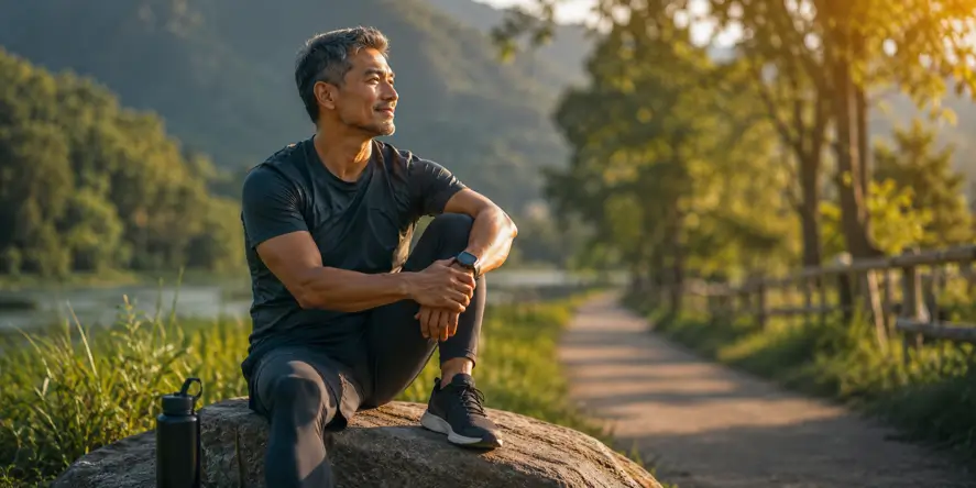 Pria paruh baya menikmati suasana alam sambil menunjukkan kondisi fisik yang bugar sebagai ilustrasi Biohacking Longevity untuk menjaga kesehatan, vitalitas, dan kualitas hidup seiring bertambahnya usia.