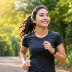 Seseorang berlari di jalur hijau pada pagi hari sebagai ilustrasi Biohacking Metabolism yang mendukung produksi energi, fleksibilitas metabolik, dan kesehatan sel secara alami.