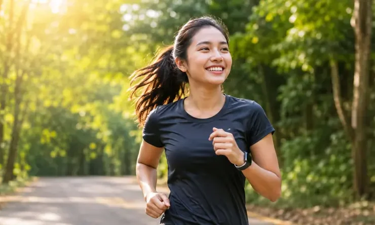 Seseorang berlari di jalur hijau pada pagi hari sebagai ilustrasi Biohacking Metabolism yang mendukung produksi energi, fleksibilitas metabolik, dan kesehatan sel secara alami.