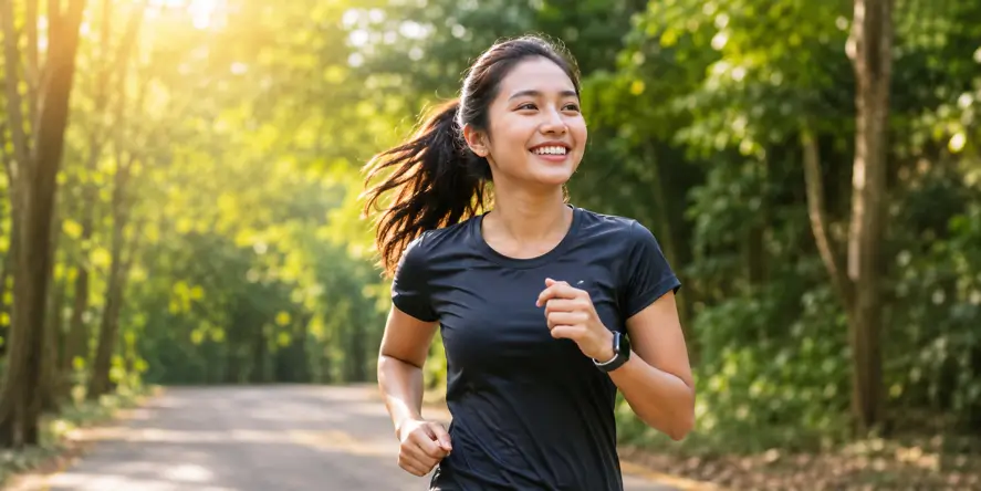 Seseorang berlari di jalur hijau pada pagi hari sebagai ilustrasi Biohacking Metabolism yang mendukung produksi energi, fleksibilitas metabolik, dan kesehatan sel secara alami.