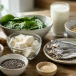 Berbagai sumber makanan alami kaya kalsium seperti ikan, tahu, brokoli, bayam, almond, dan biji-bijian sebagai ilustrasi hubungan kalsium dan autisme dalam mendukung kesehatan metabolik dan tumbuh kembang anak.