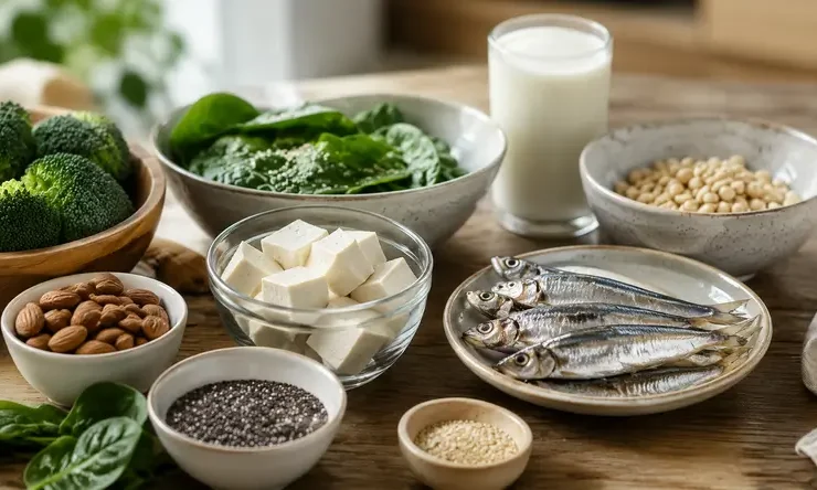 Berbagai sumber makanan alami kaya kalsium seperti ikan, tahu, brokoli, bayam, almond, dan biji-bijian sebagai ilustrasi hubungan kalsium dan autisme dalam mendukung kesehatan metabolik dan tumbuh kembang anak.