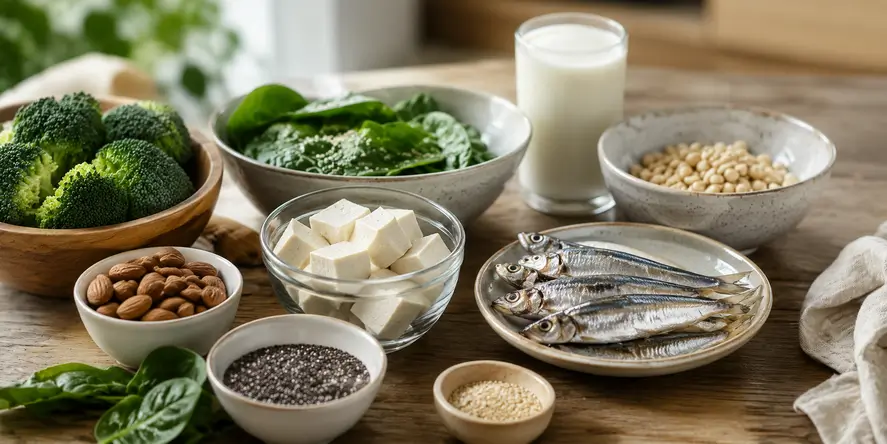 Berbagai sumber makanan alami kaya kalsium seperti ikan, tahu, brokoli, bayam, almond, dan biji-bijian sebagai ilustrasi hubungan kalsium dan autisme dalam mendukung kesehatan metabolik dan tumbuh kembang anak.