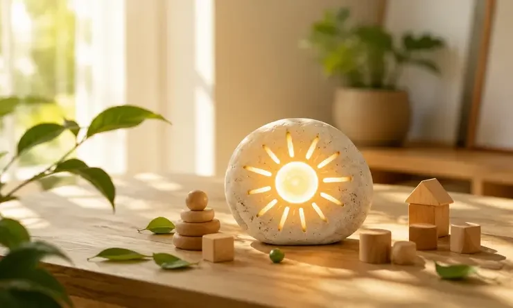 Ilustrasi konsep Vitamin D dan Autism yang menggambarkan sinar matahari sebagai sumber alami vitamin D dalam suasana hangat dan menenangkan untuk mendukung perkembangan otak, sistem imun, dan kesehatan anak.