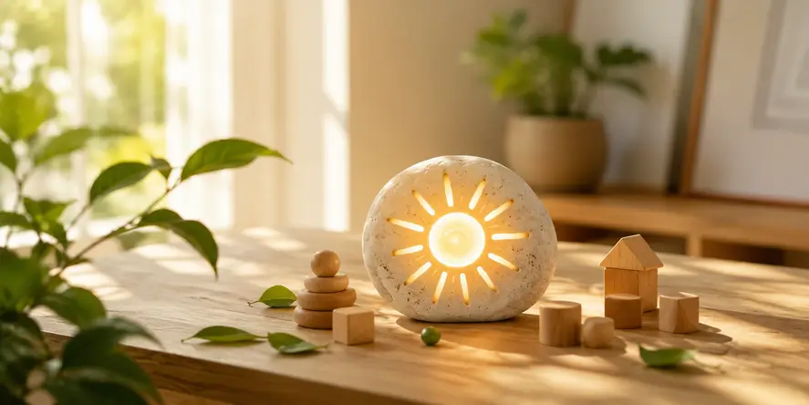 Ilustrasi konsep Vitamin D dan Autism yang menggambarkan sinar matahari sebagai sumber alami vitamin D dalam suasana hangat dan menenangkan untuk mendukung perkembangan otak, sistem imun, dan kesehatan anak.