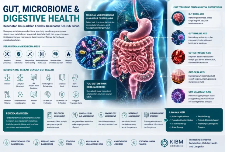 Gut, Microbiome & Digestive Health untuk kesehatan usus, mikrobioma, dan sistem pencernaan.