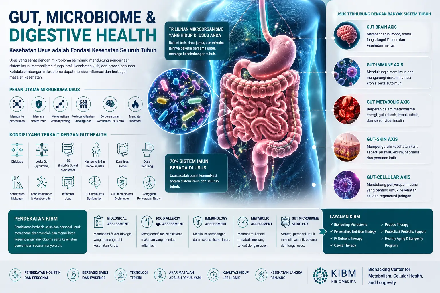 Gut, Microbiome & Digestive Health untuk kesehatan usus, mikrobioma, dan sistem pencernaan.