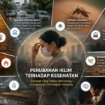 Ilustrasi dampak perubahan iklim terhadap kesehatan yang menunjukkan hubungan antara cuaca ekstrem, polusi udara, penyakit menular, krisis pangan, dan kesehatan masyarakat.