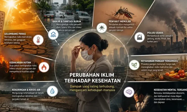 Ilustrasi dampak perubahan iklim terhadap kesehatan yang menunjukkan hubungan antara cuaca ekstrem, polusi udara, penyakit menular, krisis pangan, dan kesehatan masyarakat.