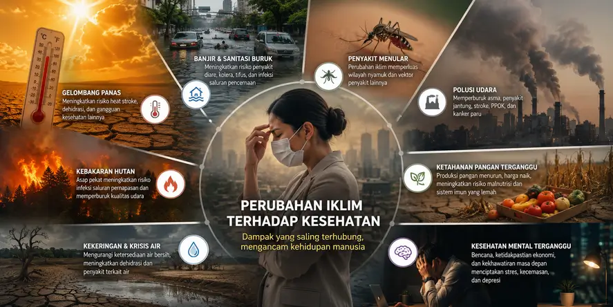 Ilustrasi dampak perubahan iklim terhadap kesehatan yang menunjukkan hubungan antara cuaca ekstrem, polusi udara, penyakit menular, krisis pangan, dan kesehatan masyarakat.