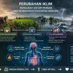 Ilustrasi perubahan iklim terhadap makanan yang menunjukkan hubungan antara cuaca ekstrem, produksi pangan, kualitas gizi, metabolisme, dan kesehatan manusia.