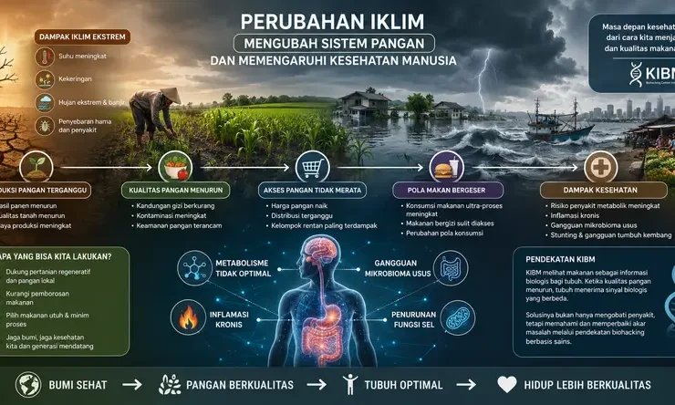 Ilustrasi perubahan iklim terhadap makanan yang menunjukkan hubungan antara cuaca ekstrem, produksi pangan, kualitas gizi, metabolisme, dan kesehatan manusia.