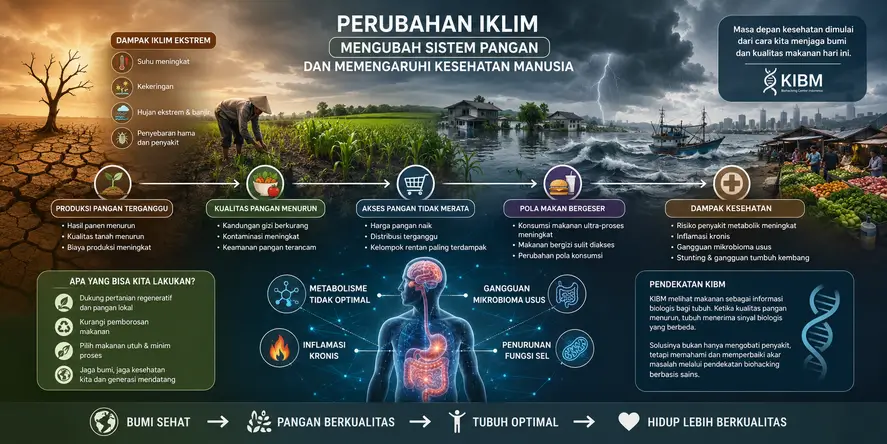 Ilustrasi perubahan iklim terhadap makanan yang menunjukkan hubungan antara cuaca ekstrem, produksi pangan, kualitas gizi, metabolisme, dan kesehatan manusia.