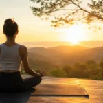 Seseorang bermeditasi di alam terbuka saat matahari terbit sebagai simbol wellness, keseimbangan hidup, kesehatan metabolisme, dan gaya hidup sehat.