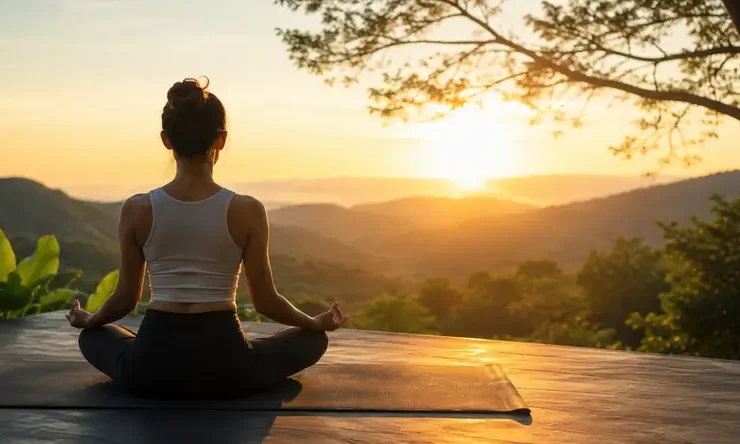 Seseorang bermeditasi di alam terbuka saat matahari terbit sebagai simbol wellness, keseimbangan hidup, kesehatan metabolisme, dan gaya hidup sehat.