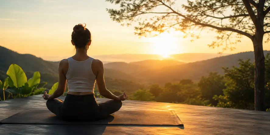 Seseorang bermeditasi di alam terbuka saat matahari terbit sebagai simbol wellness, keseimbangan hidup, kesehatan metabolisme, dan gaya hidup sehat.