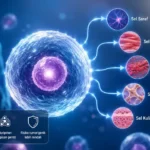 Ilustrasi Sel MUSE yang menunjukkan kemampuan berdiferensiasi menjadi berbagai jenis sel tubuh sebagai bagian dari penelitian regenerative medicine dan cellular health.