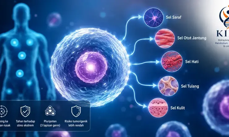 Ilustrasi Sel MUSE yang menunjukkan kemampuan berdiferensiasi menjadi berbagai jenis sel tubuh sebagai bagian dari penelitian regenerative medicine dan cellular health.