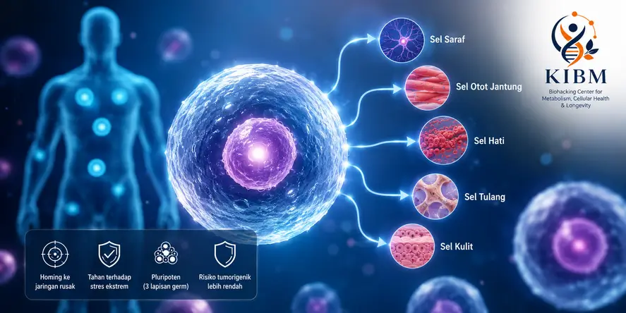 Ilustrasi Sel MUSE yang menunjukkan kemampuan berdiferensiasi menjadi berbagai jenis sel tubuh sebagai bagian dari penelitian regenerative medicine dan cellular health.
