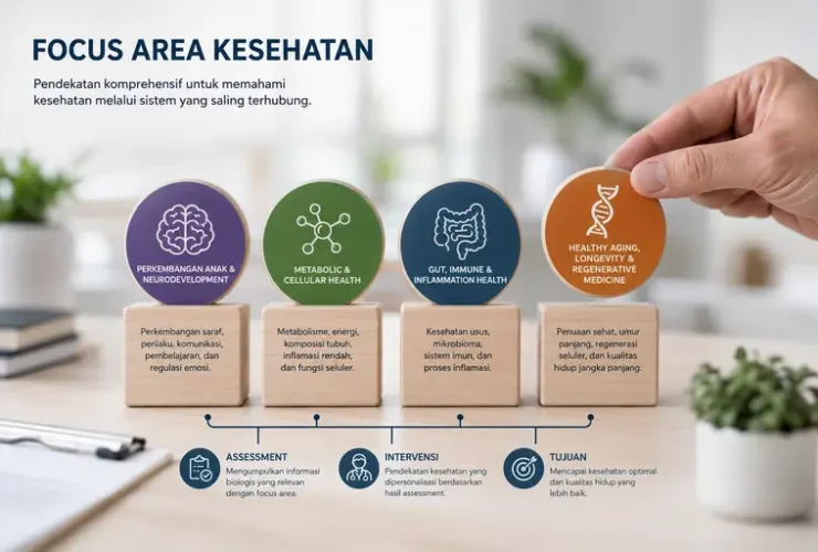 Ilustrasi Focus Area Kesehatan yang menggambarkan hubungan antara sistem biologis, assessment, dan intervensi kesehatan secara menyeluruh.