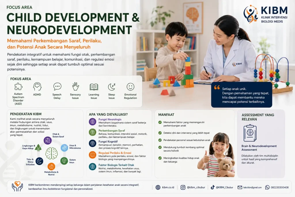 Ilustrasi Child Development & Neurodevelopment di KIBM yang menggambarkan perkembangan saraf, perilaku, kemampuan belajar, komunikasi, regulasi emosi, serta Brain & Neurodevelopment Assessment pada anak.