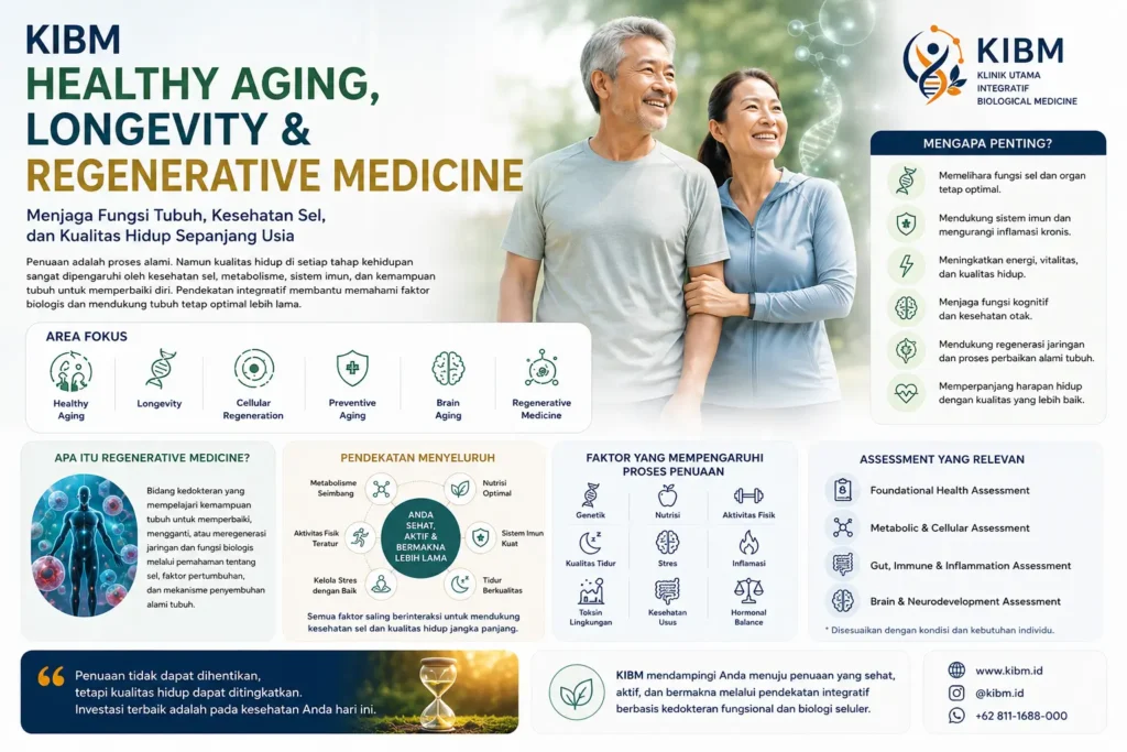 Infografis Healthy Aging, Longevity & Regenerative Medicine di KIBM yang menjelaskan pendekatan kesehatan untuk menjaga fungsi sel, memperlambat proses penuaan biologis, mendukung regenerasi tubuh, dan meningkatkan kualitas hidup sepanjang usia.