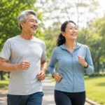 Pasangan lanjut usia yang sehat sedang berolahraga di taman sebagai ilustrasi Healthy Aging, Longevity & Regenerative Medicine untuk menggambarkan penuaan sehat, vitalitas, dan kualitas hidup yang optimal.