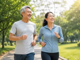 Pasangan lanjut usia yang sehat sedang berolahraga di taman sebagai ilustrasi Healthy Aging, Longevity & Regenerative Medicine untuk menggambarkan penuaan sehat, vitalitas, dan kualitas hidup yang optimal.