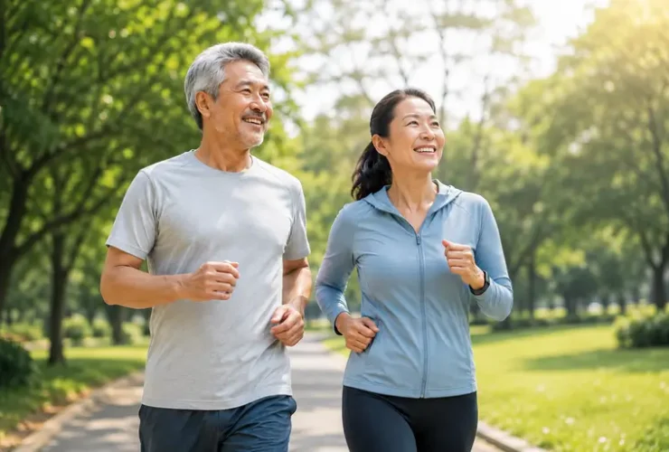 Pasangan lanjut usia yang sehat sedang berolahraga di taman sebagai ilustrasi Healthy Aging, Longevity & Regenerative Medicine untuk menggambarkan penuaan sehat, vitalitas, dan kualitas hidup yang optimal.