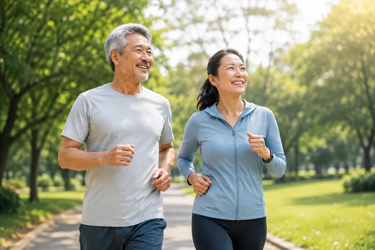 Pasangan lanjut usia yang sehat sedang berolahraga di taman sebagai ilustrasi Healthy Aging, Longevity & Regenerative Medicine untuk menggambarkan penuaan sehat, vitalitas, dan kualitas hidup yang optimal.