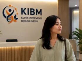 Seorang pasien sedang berada di area penerimaan KIBM dengan latar belakang logo dan identitas Klinik Intervensi Biologi Medis, menggambarkan pendekatan Gut, Immune & Inflammation Health dalam memahami hubungan kesehatan usus, sistem imun, dan inflamasi kronis.