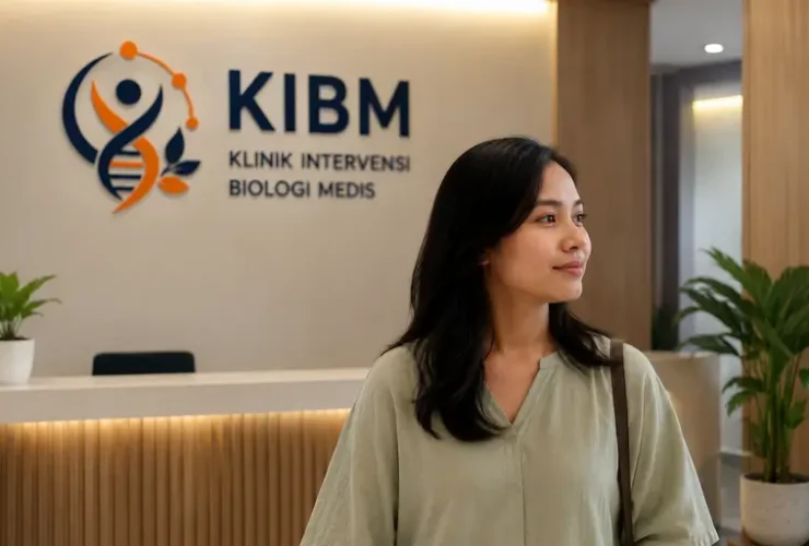 Seorang pasien sedang berada di area penerimaan KIBM dengan latar belakang logo dan identitas Klinik Intervensi Biologi Medis, menggambarkan pendekatan Gut, Immune & Inflammation Health dalam memahami hubungan kesehatan usus, sistem imun, dan inflamasi kronis.