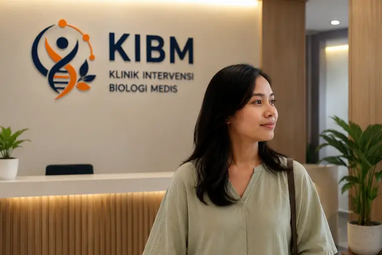 Seorang pasien sedang berada di area penerimaan KIBM dengan latar belakang logo dan identitas Klinik Intervensi Biologi Medis, menggambarkan pendekatan Gut, Immune & Inflammation Health dalam memahami hubungan kesehatan usus, sistem imun, dan inflamasi kronis.