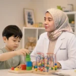 Dokter Rina KIBM mendampingi anak dalam sesi observasi perkembangan untuk membantu memahami fungsi neurologis, perilaku, kemampuan belajar, dan tumbuh kembang secara menyeluruh.
